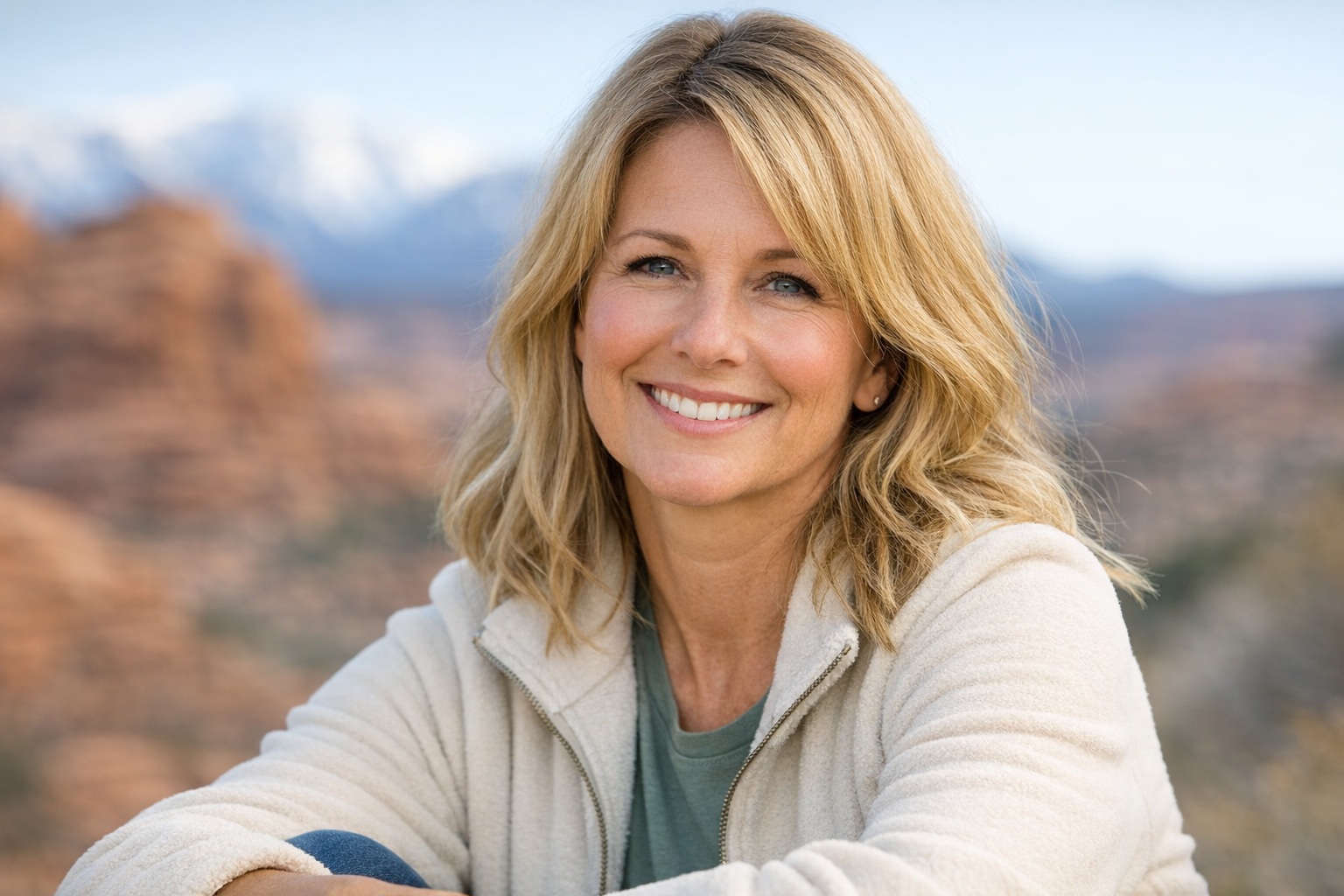 Woman in her late 40s outdoors in Utah representing wellness, hormones, and healthy aging